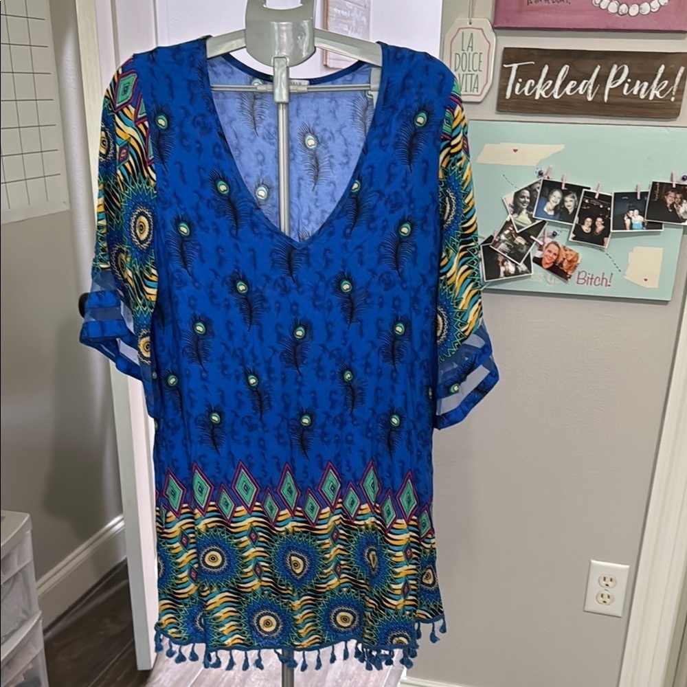 Colorful Blue Top with Sheer Sleeve Detail